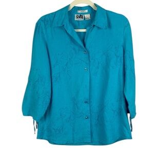 Edward Irish Linen Elegant Light Blue Floral Embroidered Button Down Med Blouse